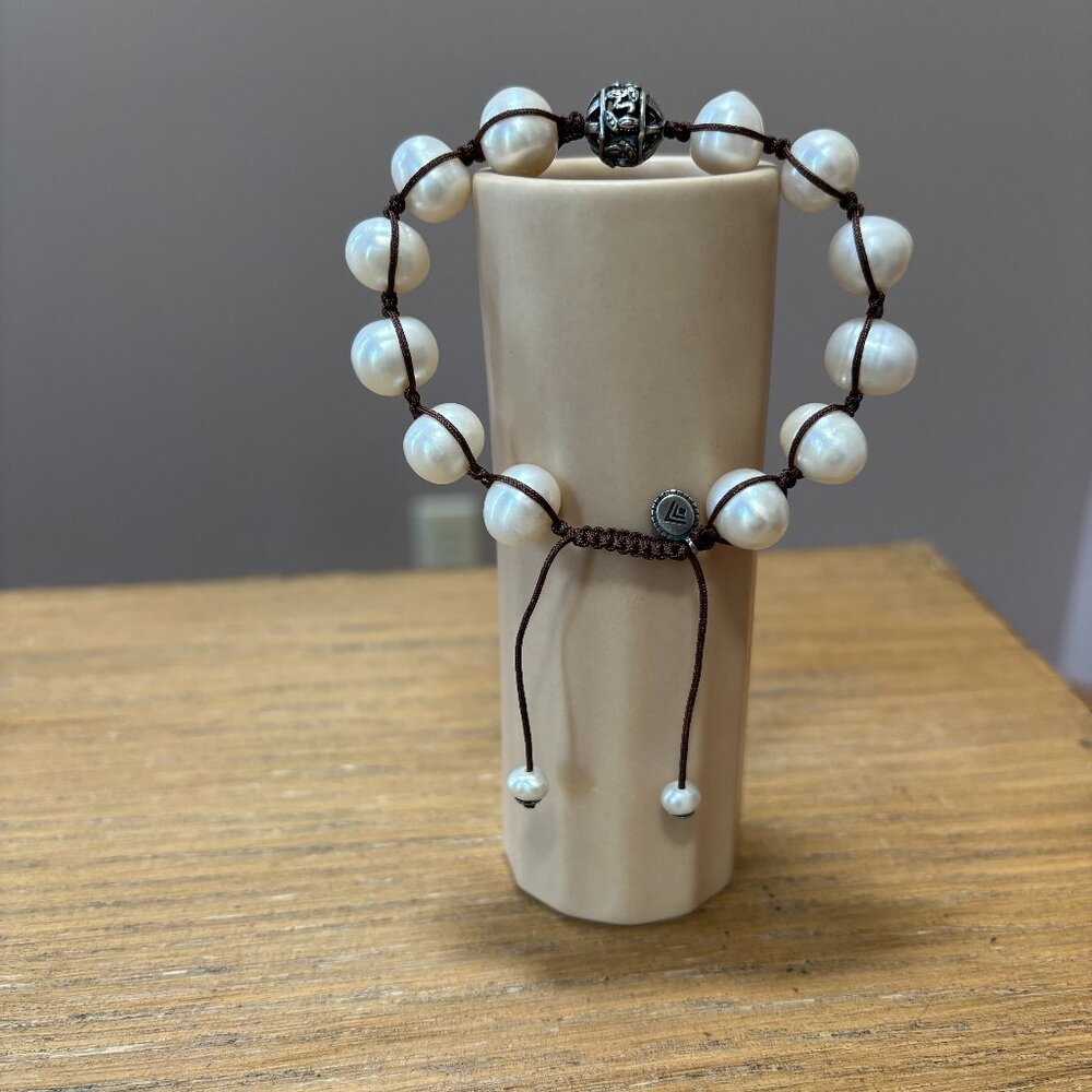 Silpada 925 Sterling Silver Rugged Pearl Brown Cord Adjustable Bracelet B2424